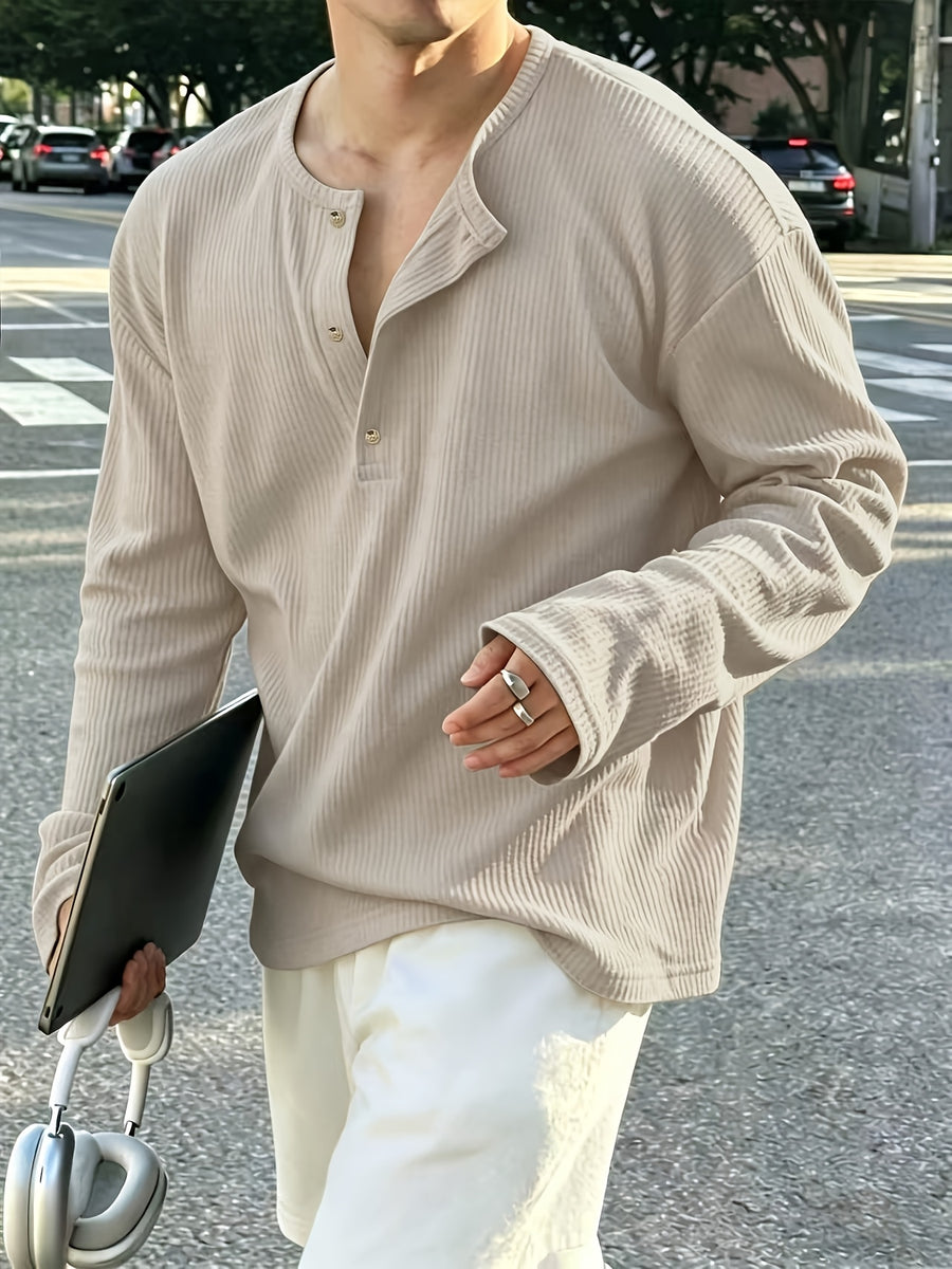 Vertical Stripe Textured Henley Collar Long Sleeve Men's Autumn Casual Loose Premium T-Shirt, Minimalist Solid Color Men's Casual Daily Top - Khaki