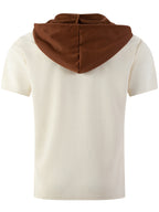 Men'S Plaid Knit Contrast Trim Hooded Sweatshirt - Short Sleeve Button-Up V-Neck Top with Chest Pocket, Vintage Street Style, for Everyday Wear - Khaki