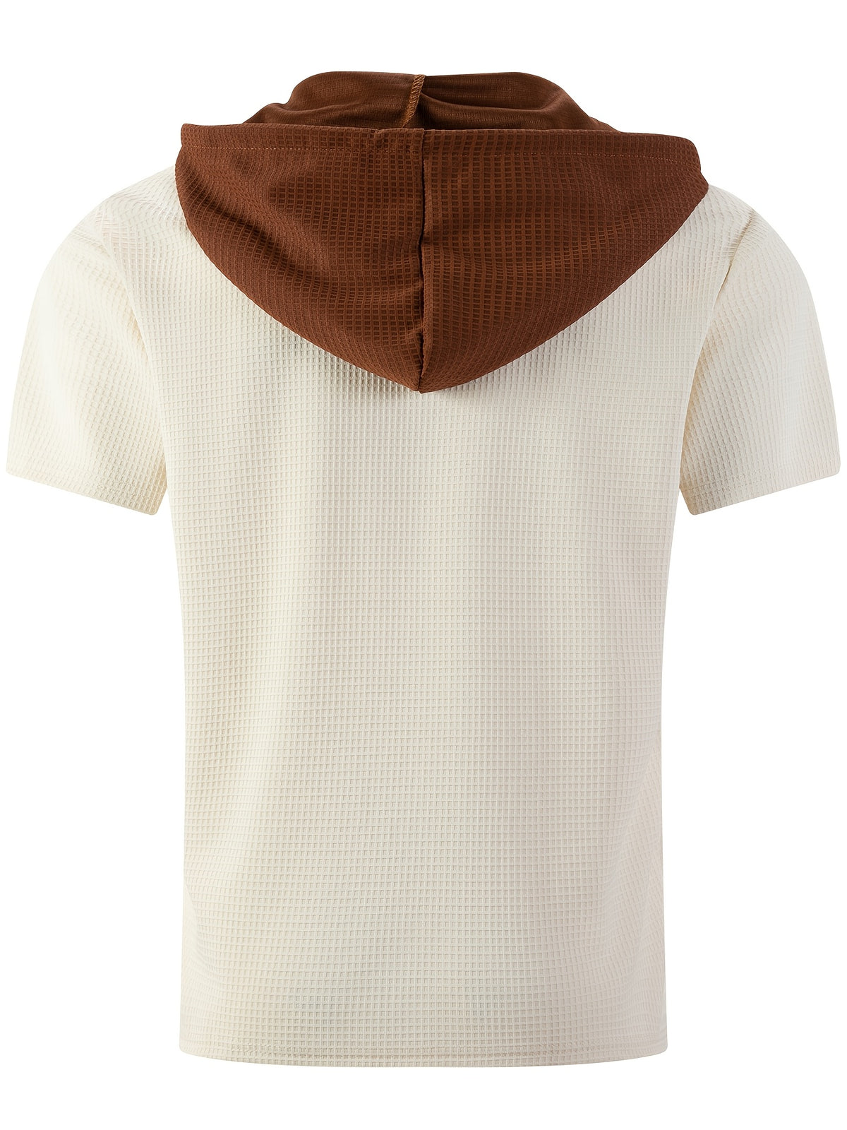 Men'S Plaid Knit Contrast Trim Hooded Sweatshirt - Short Sleeve Button-Up V-Neck Top with Chest Pocket, Vintage Street Style, for Everyday Wear - Khaki