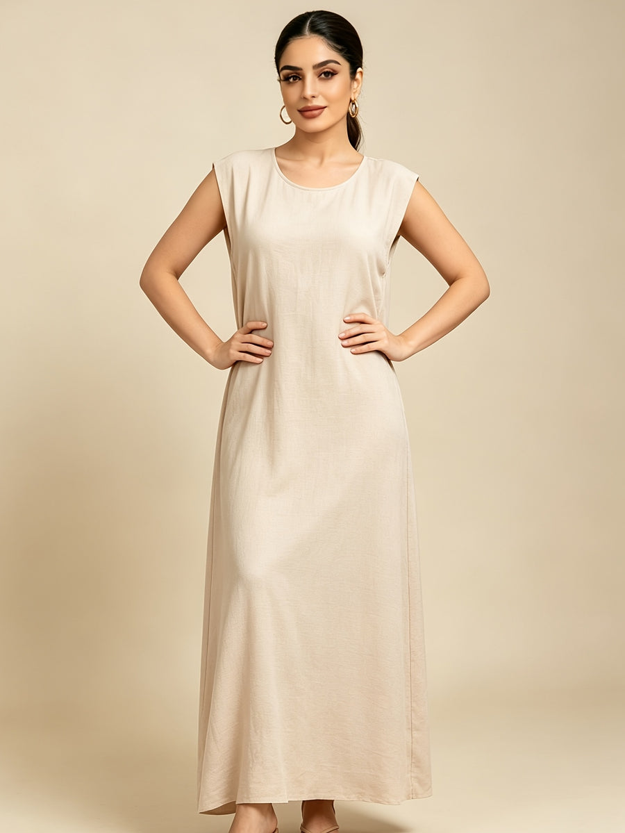 1pc Solid Color Elegant Casual Spring Autumn Suitable for Women'S Daily Base Layer Vest Abaya Muslim Dress Robe Summer Abaya - Apricot