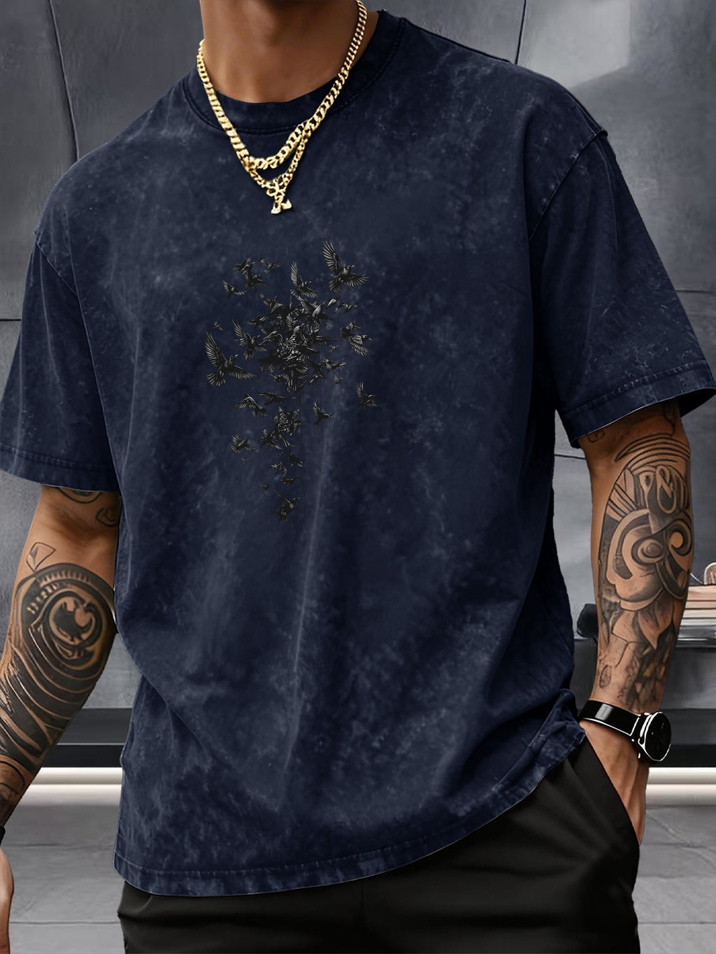 Short Sleeve Top, Pure Washed Distressed Loose Short Sleeve, Raven Flying Bird Front And Back Trendy Print Casual Match, American Street High Street Hip-Hop Couple Style, Daily Outing Commute Sports Fitness Street Style Y2K National Trend T-Shirt - Navy Color
