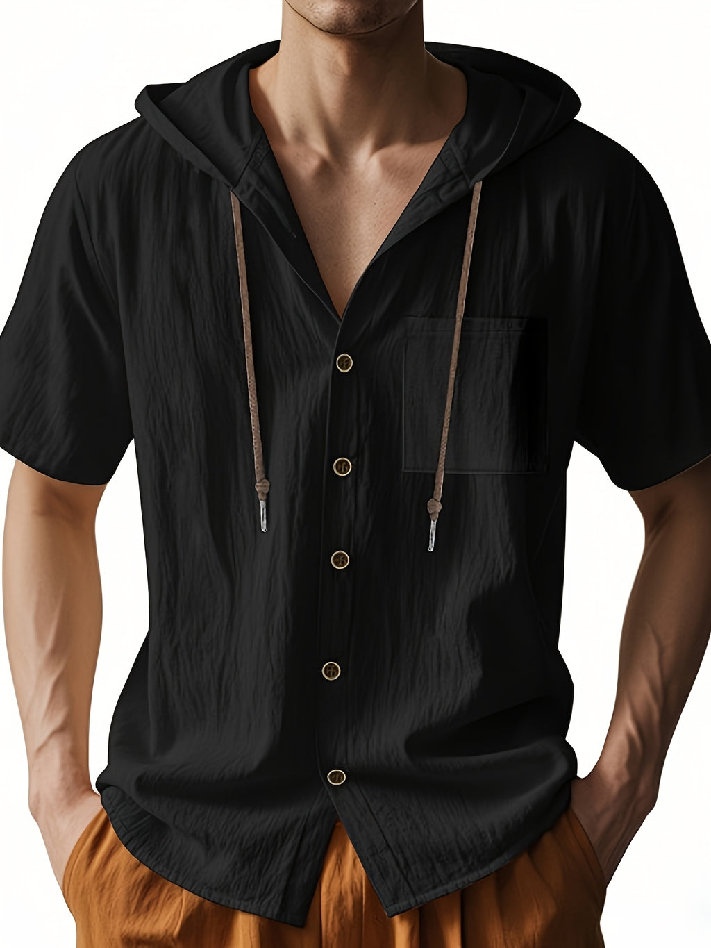 Men's Short Sleeve Hooded Shirt, Casual Button Hoodie Top with Chest Pocket, Lightweight Breathable Summer Shirt for Beach Vacation, Travel, Resort Wear, Outdoor Leisure, Streetwear Style and Daily Casual Outfit - Black
