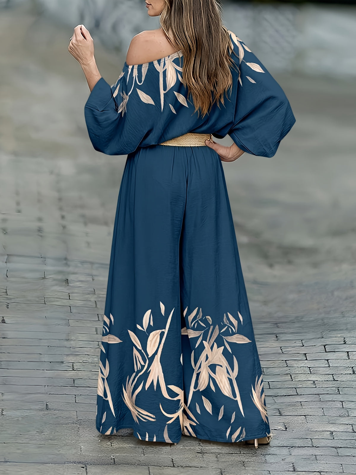 Women's Elegant Summer Vacation Printed Batwing Sleeve Off-Shoulder Waist-Cinching Long Dress-Style Wide-Leg Pants (No Belt) - Blue