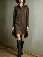 Women's Midi-Length Shirt for Autumn/Winter, Loose-Fit Lapel Half-Open Front Long-Sleeve Casual Top, -Like Texture Midi-Length Blouse, Women's Loose Lapel Versatile Midi-Length Top for Autumn/Winter, Loose Long Shirt, Women's Lapel Half-Open Front - Coffee Color