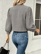 Elegant Houndstooth Pattern Directional Long Sleeve Short Blazer Round Corner Jacket - Black