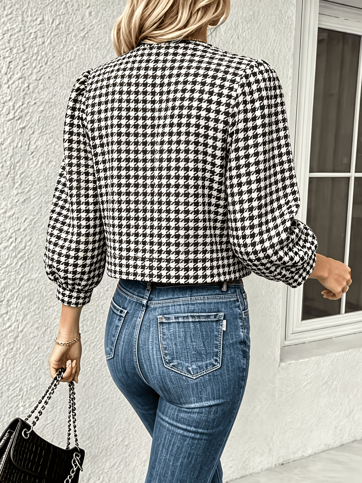 Elegant Houndstooth Pattern Directional Long Sleeve Short Blazer Round Corner Jacket - Black