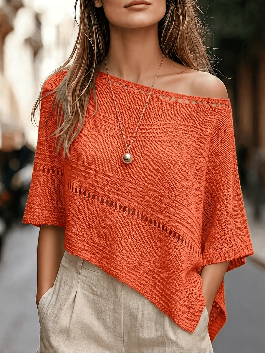 Women'S Hollow-Out Poncho Top, Boat Neck Irregular Hem Summer Beach Cover-Up, Seaside Bohemian Vacation Style Casual Top, Lightweight Breathable Loose Sweater, Mesh Detail Striped Design, Relaxed Layering Style, Suitable for Holiday, Daily Wear - Coral