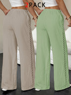 2-Pack Women's Elegant Textured Side-Cutout Straight-Leg Pants with Drawstring Waist, Wide-Leg Casual Trousers - Khaki+Green