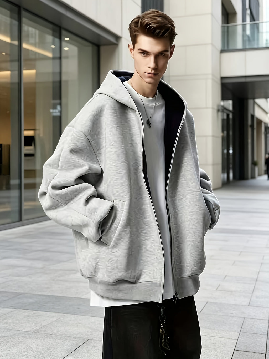 Men's 520g -Lined Hooded Zip-Up Jacket for Casual Comfort, Business Commute and Daily Work, Practical and Safe Apparel for Multi-Scene Work - Light Grey
