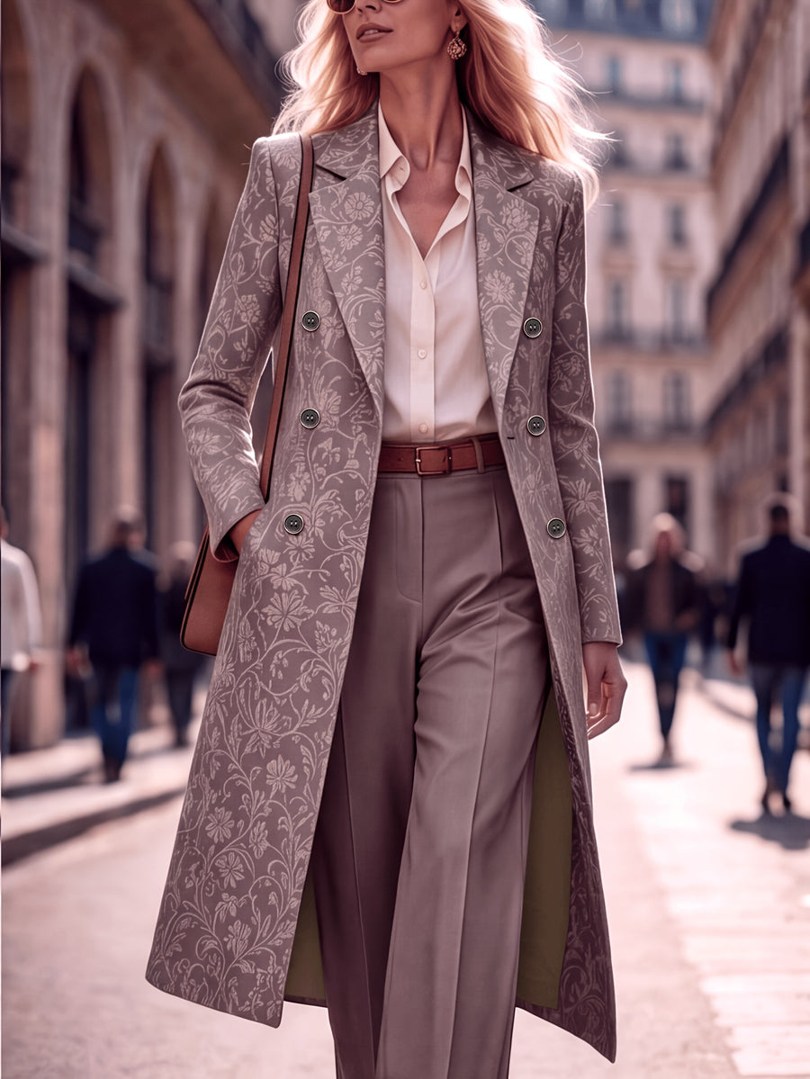 Women'S Spring Autumn New Vintage Printed Long Blazer, Double-Breasted Coat with Lining And Pockets - Mushroom Gray Brown