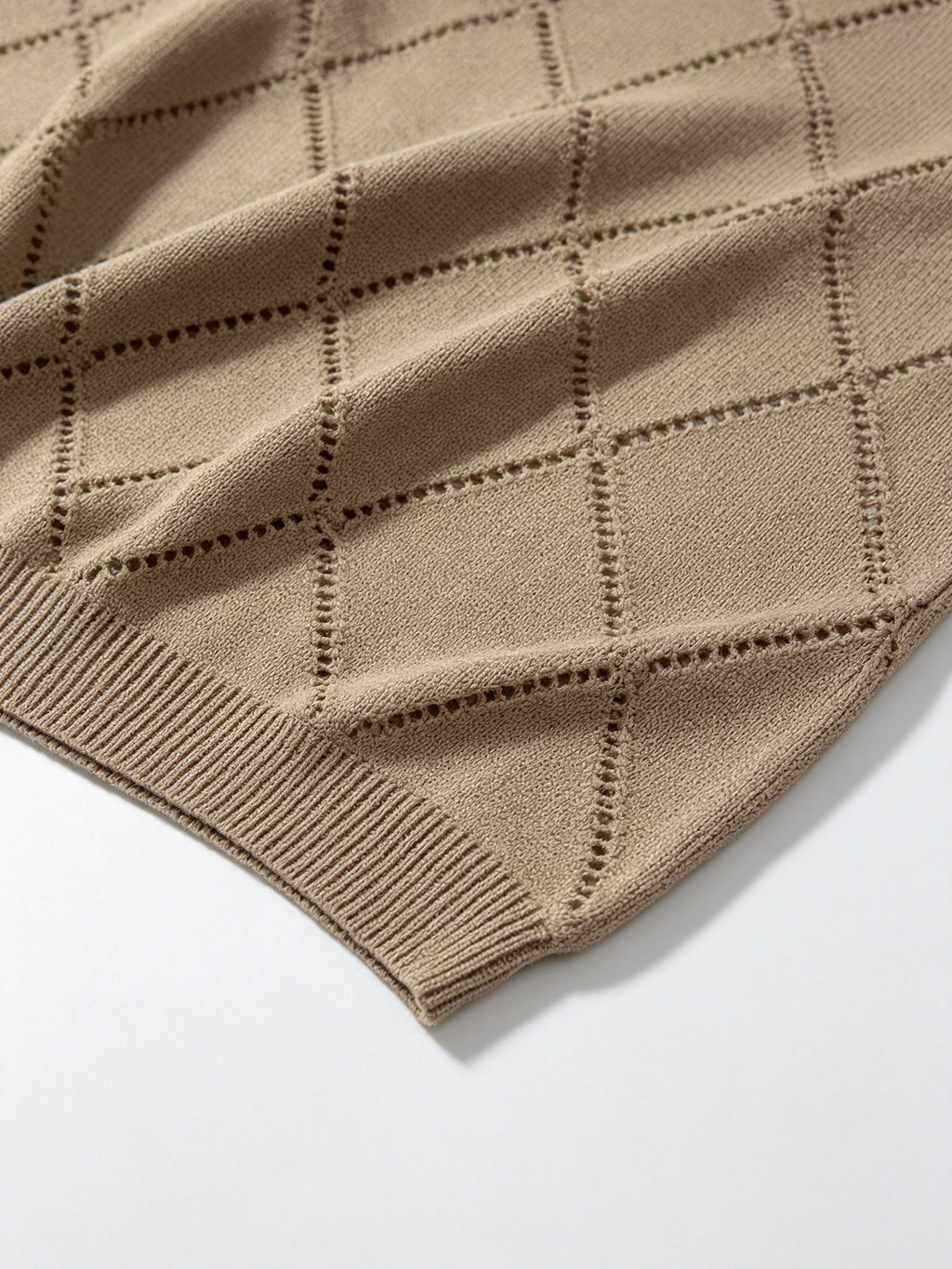 Men's Polo Collar Short Sleeve Knit Shirt, Textured Knit Top, V-Neck Lapel, Breathable Casual Pullover - Khaki