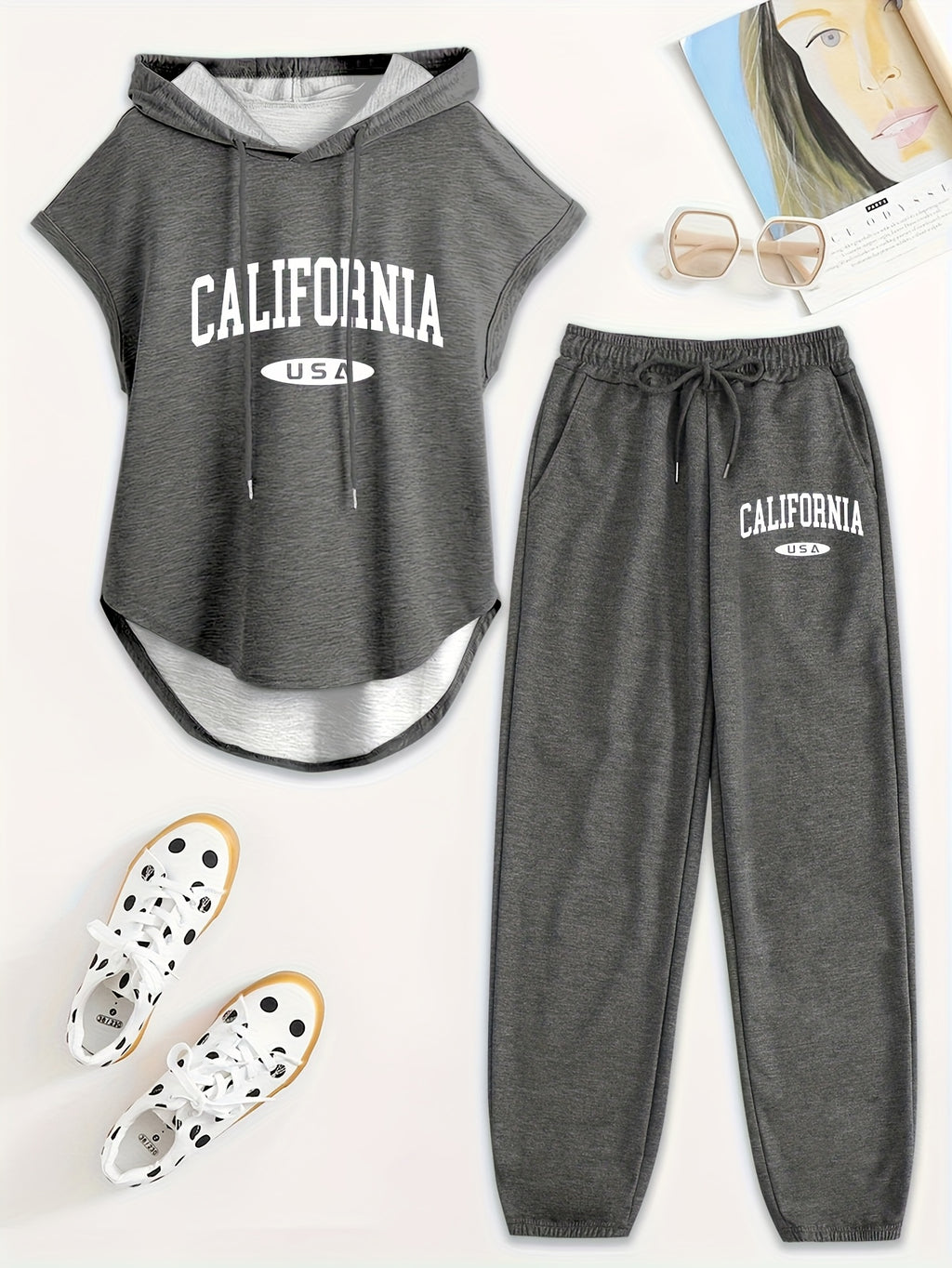 Women's Two-Piece Drawstring Sleeveless Hooded Top and Summer Letter Print Pants Set, Elastic Waist Casual Pants, Winter ; Christmas, Cyber Monday, New Year, Commuting, Casual Yet Appropriate, Daily Outfit - Dark Gray