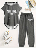 Women's Two-Piece Drawstring Sleeveless Hooded Top and Summer Letter Print Pants Set, Elastic Waist Casual Pants, Winter ; Christmas, Cyber Monday, New Year, Commuting, Casual Yet Appropriate, Daily Outfit - Dark Gray