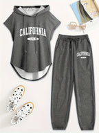Women's Two-Piece Drawstring Sleeveless Hooded Top and Summer Letter Print Pants Set, Elastic Waist Casual Pants, Winter ; Christmas, Cyber Monday, New Year, Commuting, Casual Yet Appropriate, Daily Outfit - Dark Gray