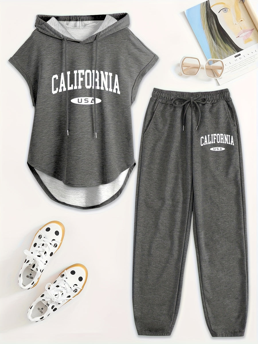Women's Two-Piece Drawstring Sleeveless Hooded Top and Summer Letter Print Pants Set, Elastic Waist Casual Pants, Winter ; Christmas, Cyber Monday, New Year, Commuting, Casual Yet Appropriate, Daily Outfit - Dark Gray