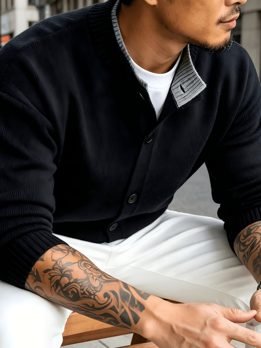 Men's New Spring/Autumn Solid Color Long-Sleeve Knit Cardigan with Contrast Color Stand Collar and Single-Breasted Buttons, Urban Street Style Casual Textured Top, Versatile Commuter Wear for Mature Young Men - Black