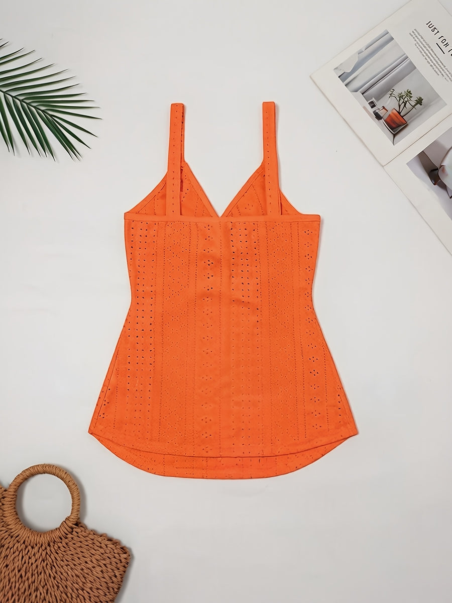 Western-style Women's Top with a Twisted Knot Design on the Chest, Made of Textured Lace Jacquard Fabric. A Spring/summer Beach, Outing, Date, or Vacation Shirt. "European Users Are Advised to Purchase One Size Smaller." - Tangerine