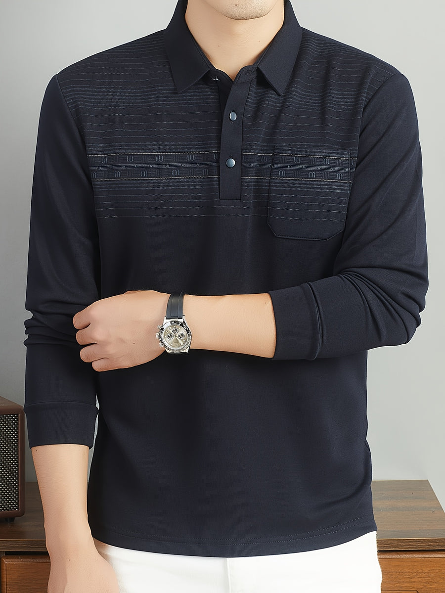 Middle-Aged Men'S Long Sleeve Polo Shirt Spring Autumn Business Casual Lapel Striped with Pocket Top - Navy Color