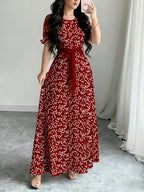 Women'S Printed Round Neck Casual Waist Dress - Red