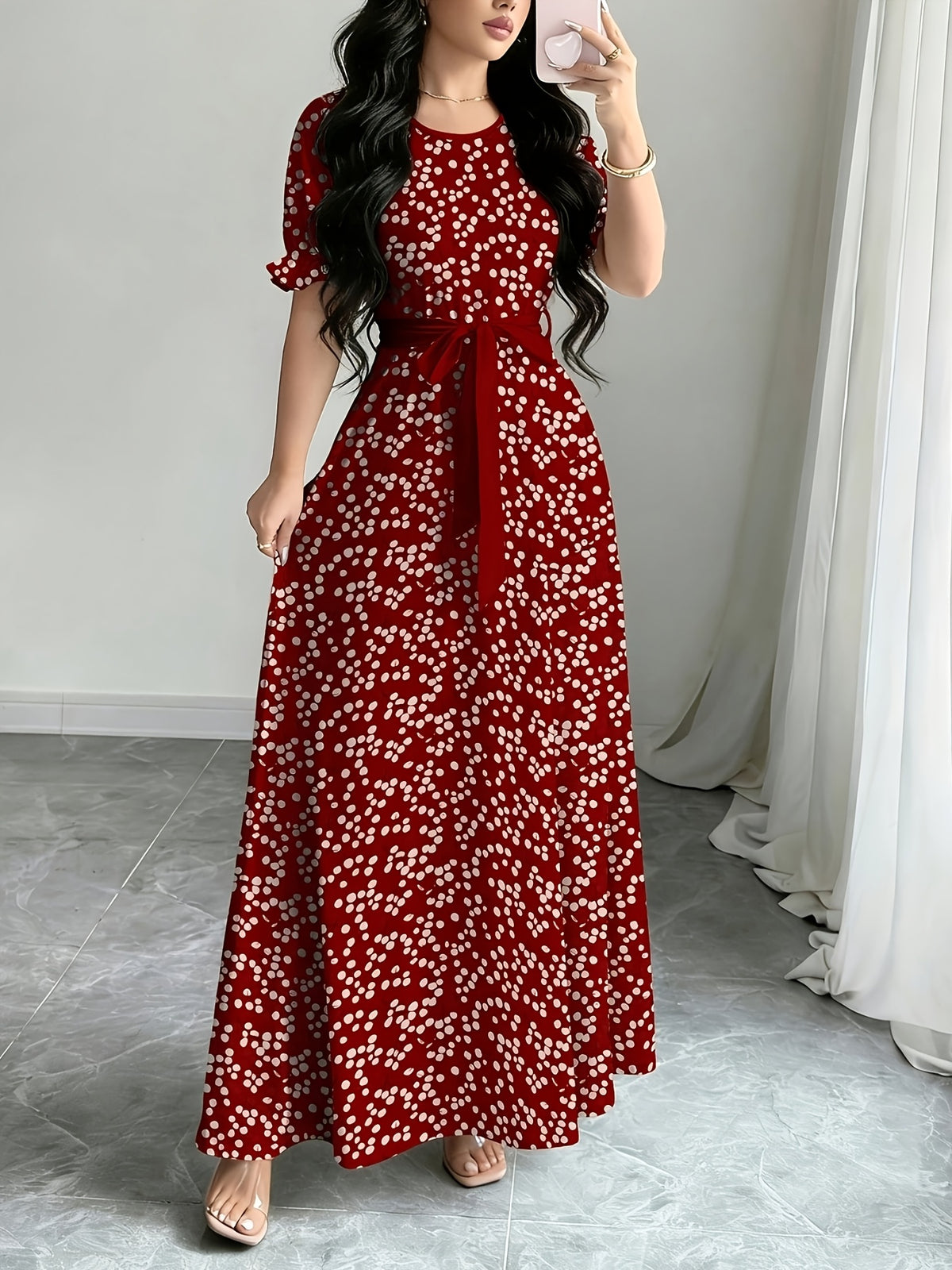 Women'S Printed Round Neck Casual Waist Dress - Red
