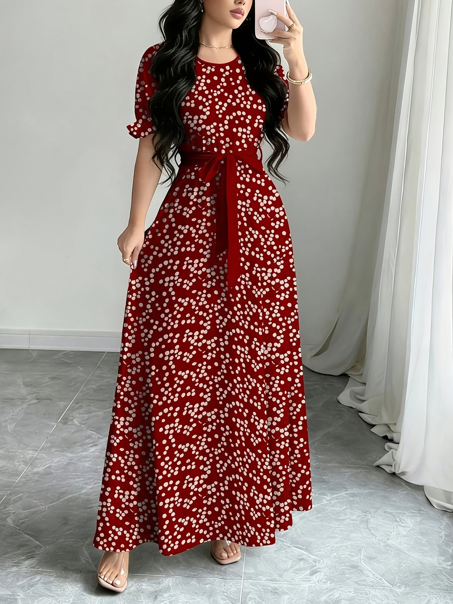 Women'S Printed Round Neck Casual Waist Dress - Red