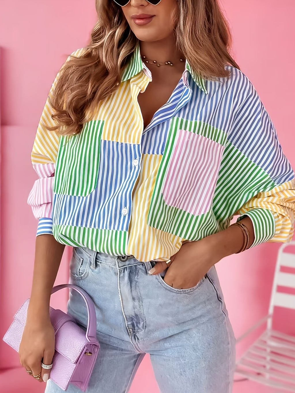 New Spring/Summer Women's Patchwork Striped Pocket Elegant Versatile Lapel Shirt - Mixed colors