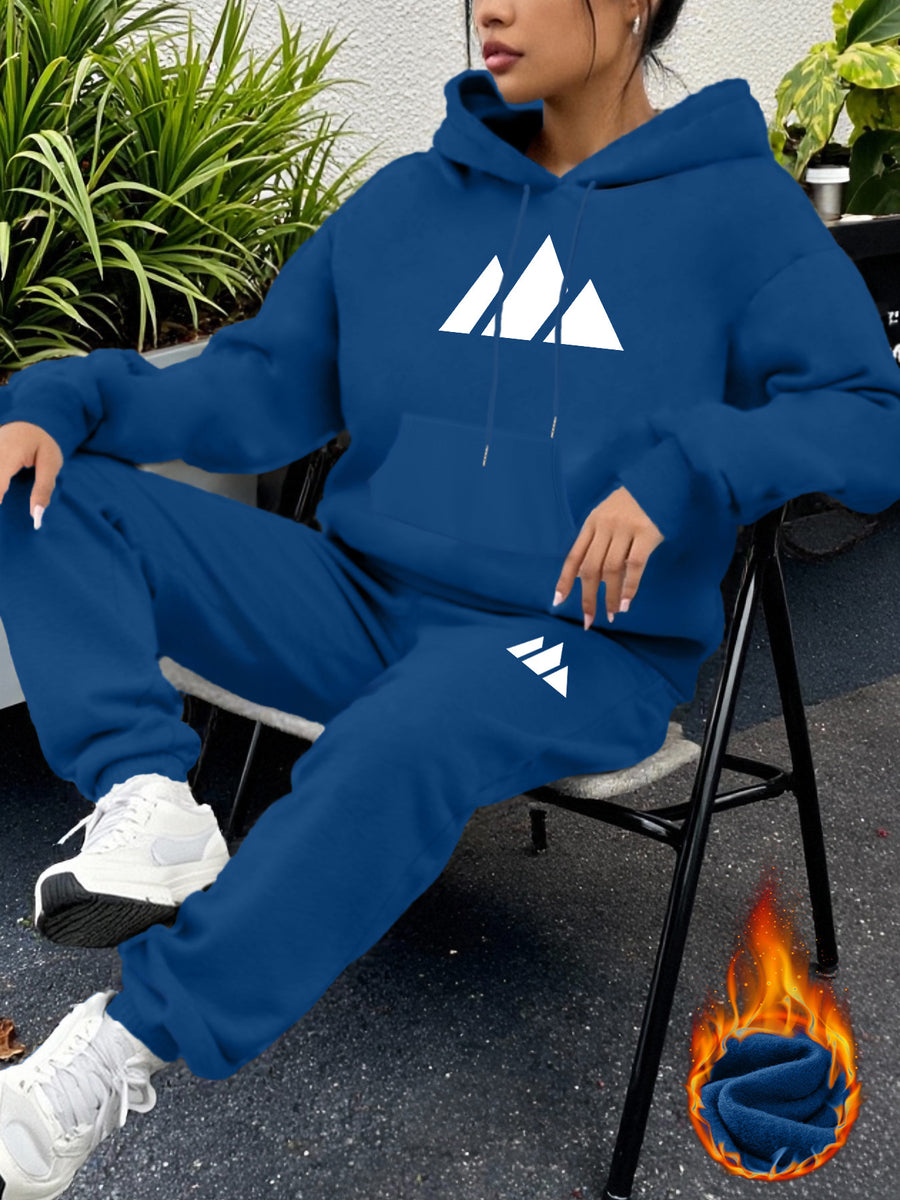 Geometric Print Women's -Lined Hooded Sweatshirt + Jogger Set, Machine Washable Pullover for Autumn/Winter, Soft Fabric, Versatile Daily Wear, -Lined Design, 100% Polyester, Ideal for Outdoor Sports, Durable and Comfortable Material, Warm and Stylish - Multicolor-Blue