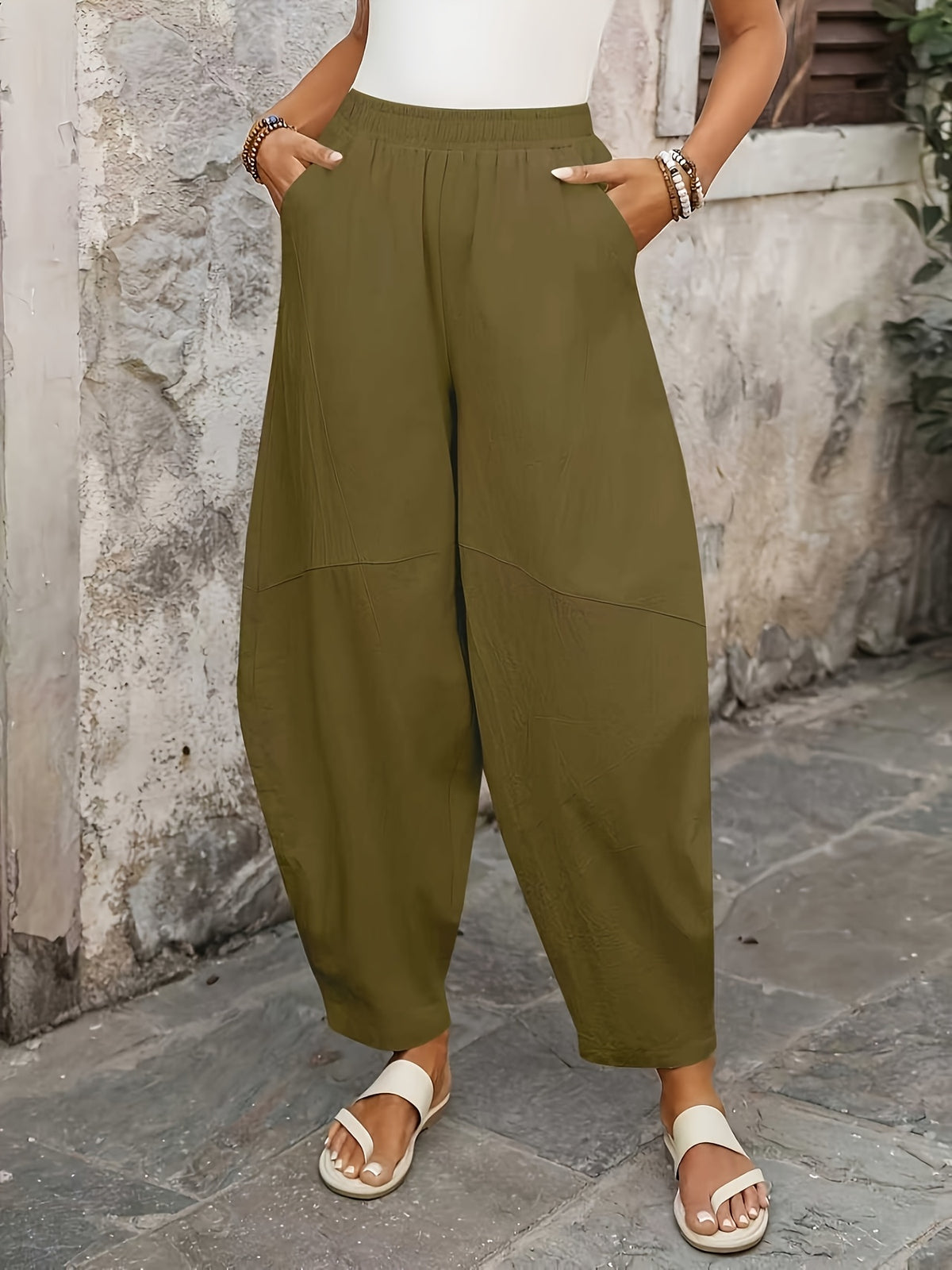 Women'S Easy Casual Solid Color Loose Flowy Bohemian Style Long Trousers, Suitable for Outdoor YYTT - Green