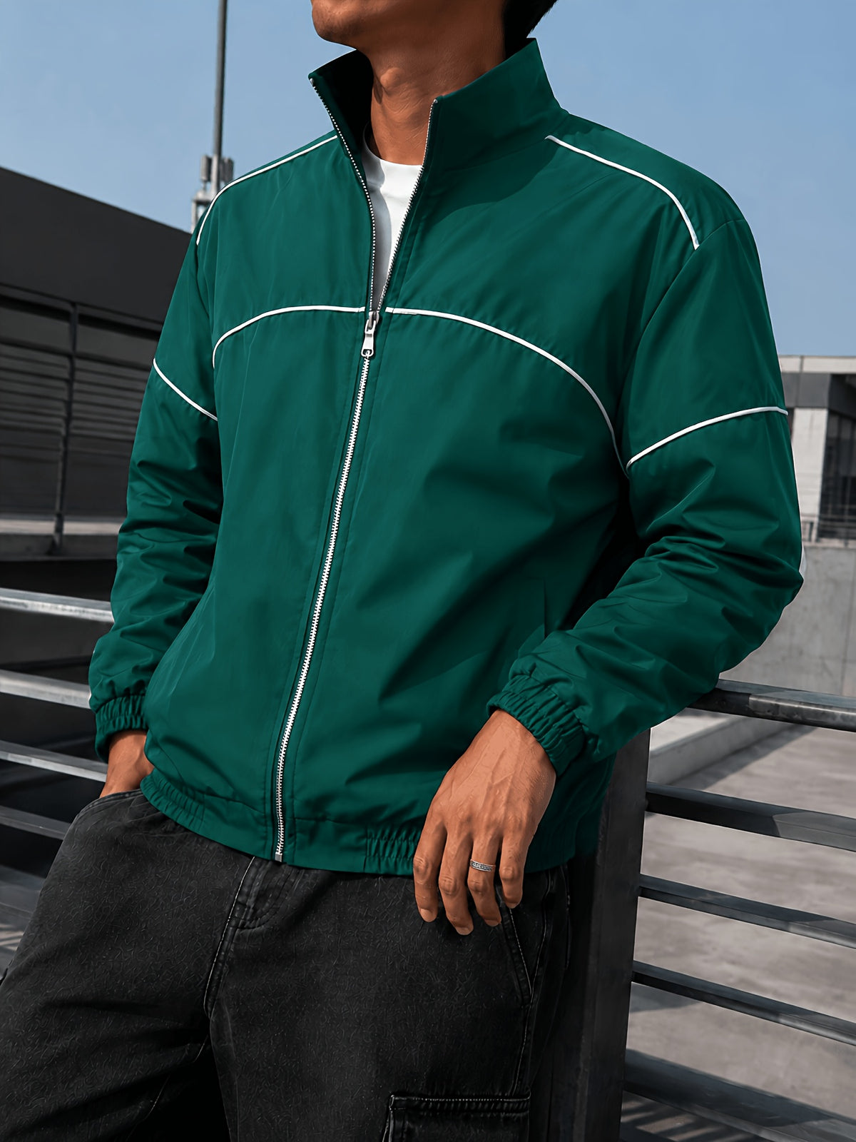 Men'S Color-Block Striped Stand-Collar Jacket, Autumn Casual Sporty Loose Long Sleeve Zipper Top, Western Street All-Match Commute Outdoor Men'S Clothing - Green