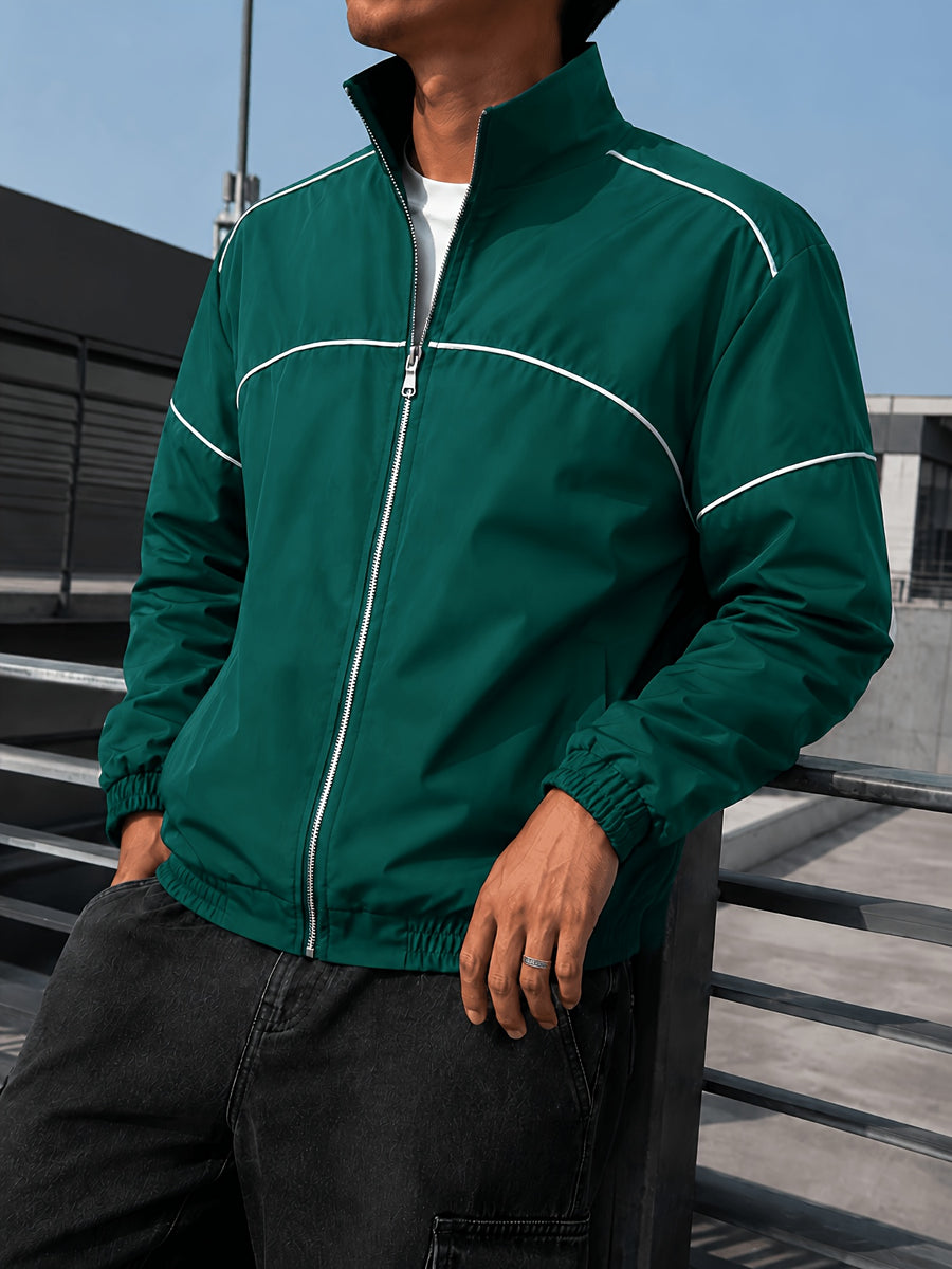 Men'S Color-Block Striped Stand-Collar Jacket, Autumn Casual Sporty Loose Long Sleeve Zipper Top, Western Street All-Match Commute Outdoor Men'S Clothing - Green