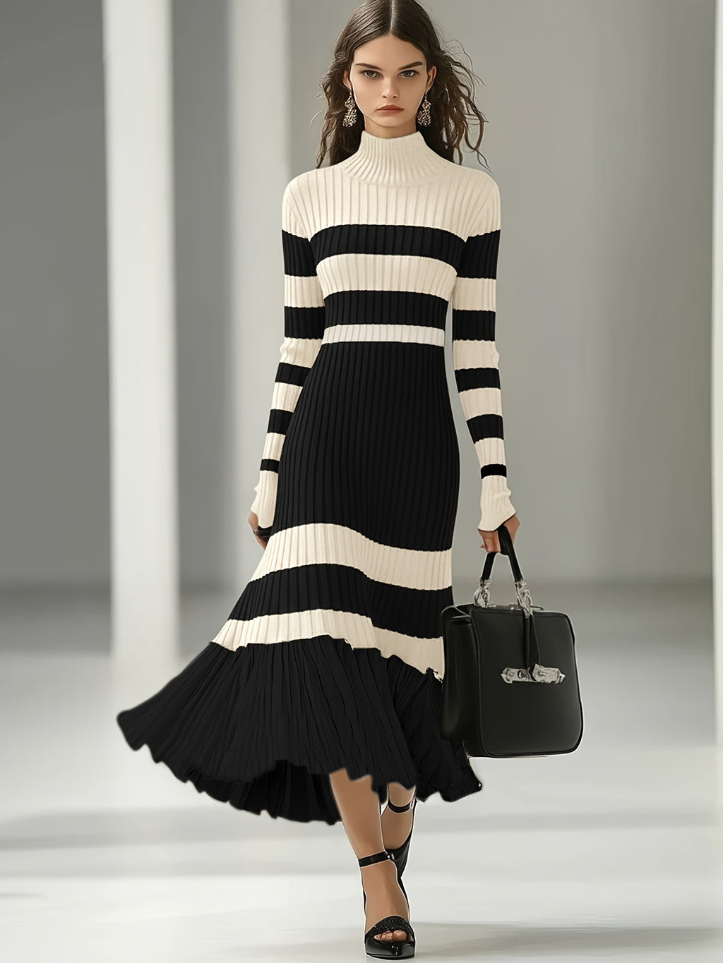 French-Style Elegant High Neck Striped Color-Block Dress for Women, Designer Over-the-Knee Slim-Fit Base Layer Hip-Hugging Skirt - Black