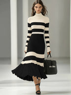 French-Style Elegant High Neck Striped Color-Block Dress for Women, Designer Over-the-Knee Slim-Fit Base Layer Hip-Hugging Skirt - Black