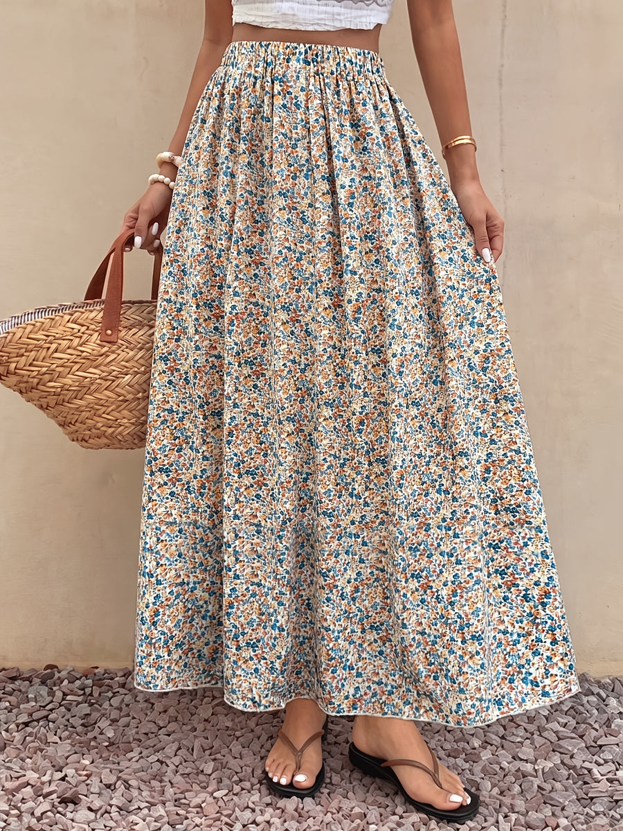 Women's Summer Elegant Vacation Floral Print Skirt, Elastic Waistband, Bohemian Style Maxi Skirt - Apricot