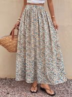 Women's Summer Elegant Vacation Floral Print Skirt, Elastic Waistband, Bohemian Style Maxi Skirt - Apricot