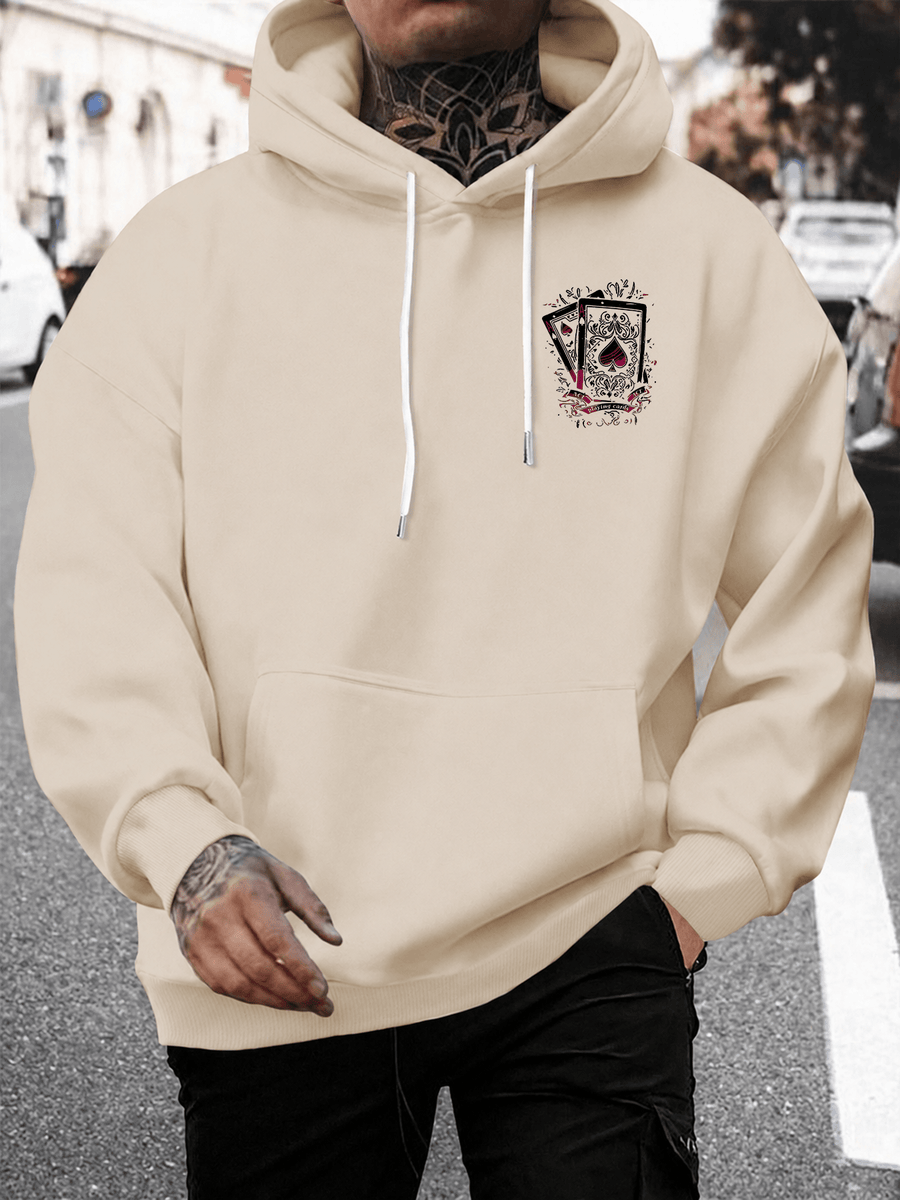 Men's Hooded Sweatshirt with Playing Card Print, Street Style Loose Fit Long Sleeve Pullover, Casual Sportswear Top - Khaki 1