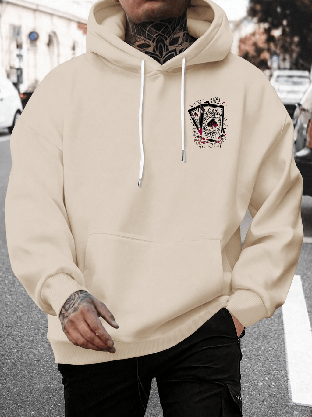 Men's Hooded Sweatshirt with Playing Card Print, Street Style Loose Fit Long Sleeve Pullover, Casual Sportswear Top - Khaki 1