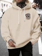 Men's Hooded Sweatshirt with Playing Card Print, Street Style Loose Fit Long Sleeve Pullover, Casual Sportswear Top - Khaki 1