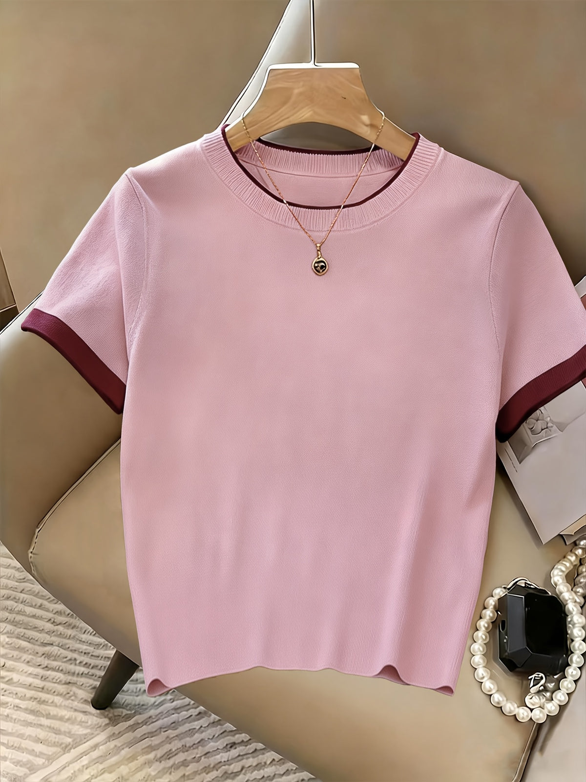 Popular New Spring/Summer Contrast Color Neckline and Cuffs Pullover Short-Sleeve T-Shirt, Ins-Style Simple and Fresh Fabric T-Shirt - Pink