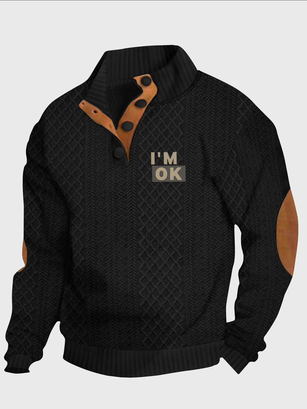 1pc Men'S Stand-Up Collar Jacquard Knit Henley Shirt, Mature Retro Mock Neck Pullover Polo, Random Texture Color-Block Neckline Jacquard Patchwork Design, Suitable for Outdoor Casual Sports Wear, Can Be Used As a Men'S Birthday Gift - Black