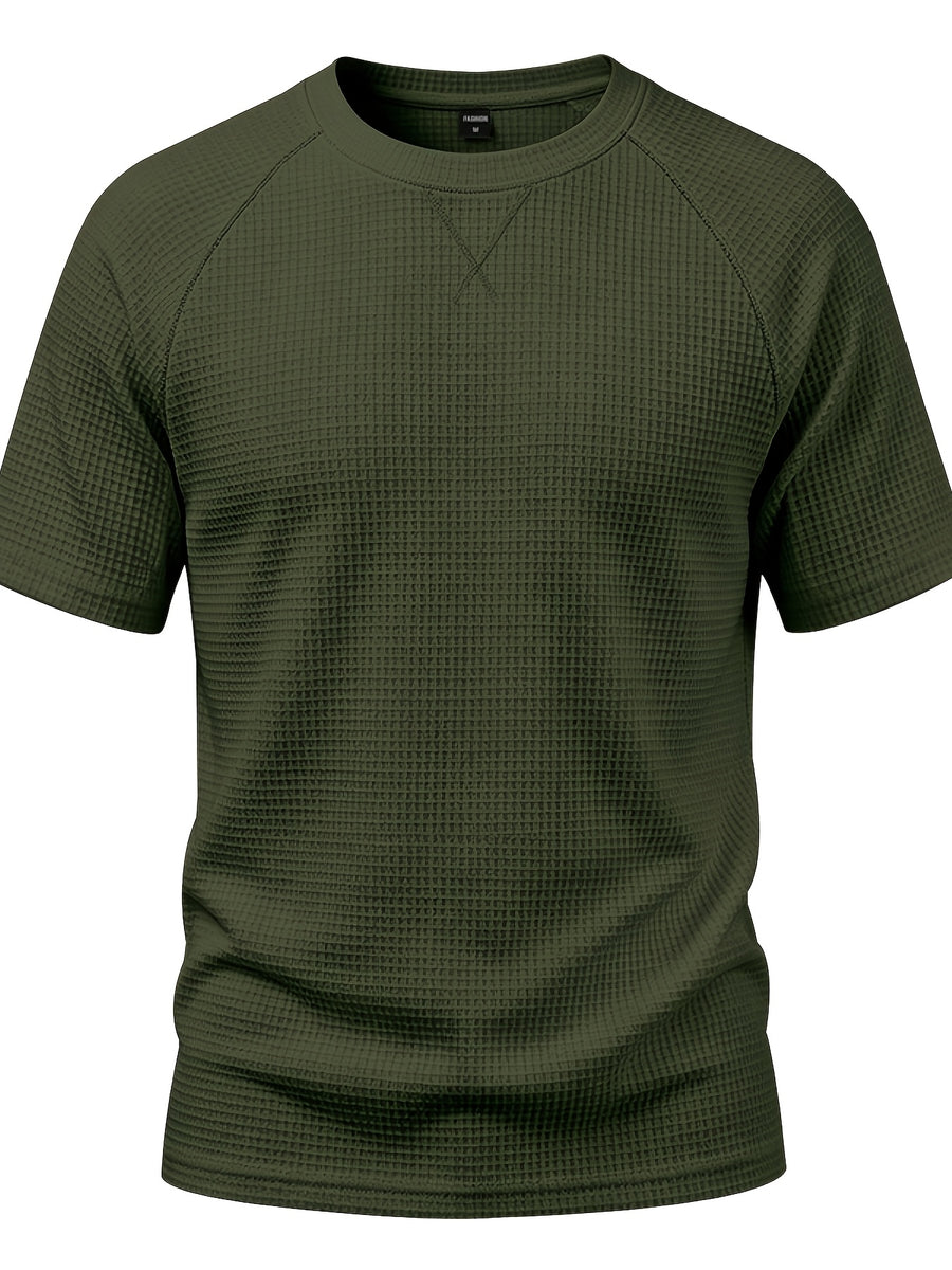 Men's Lightweight Waffle Knit Short Sleeve Shirt, Casual Crew Neck Textured T Shirt with Relaxed Fit Design, Breathable Comfortable Summer Pullover Top for Beach Vacation, Travel, Camping, Outdoor Sports and Casual Attire - Olive Green