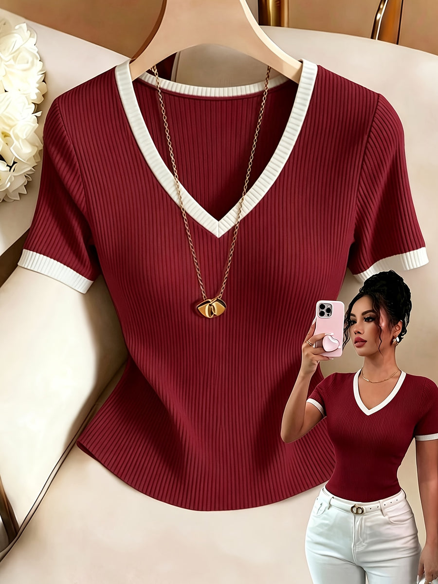 Summer New Ribbed Short Sleeve V-Neck White Lace Trim Slim Regular Length T-Shirt Top Women'S - Deep Red