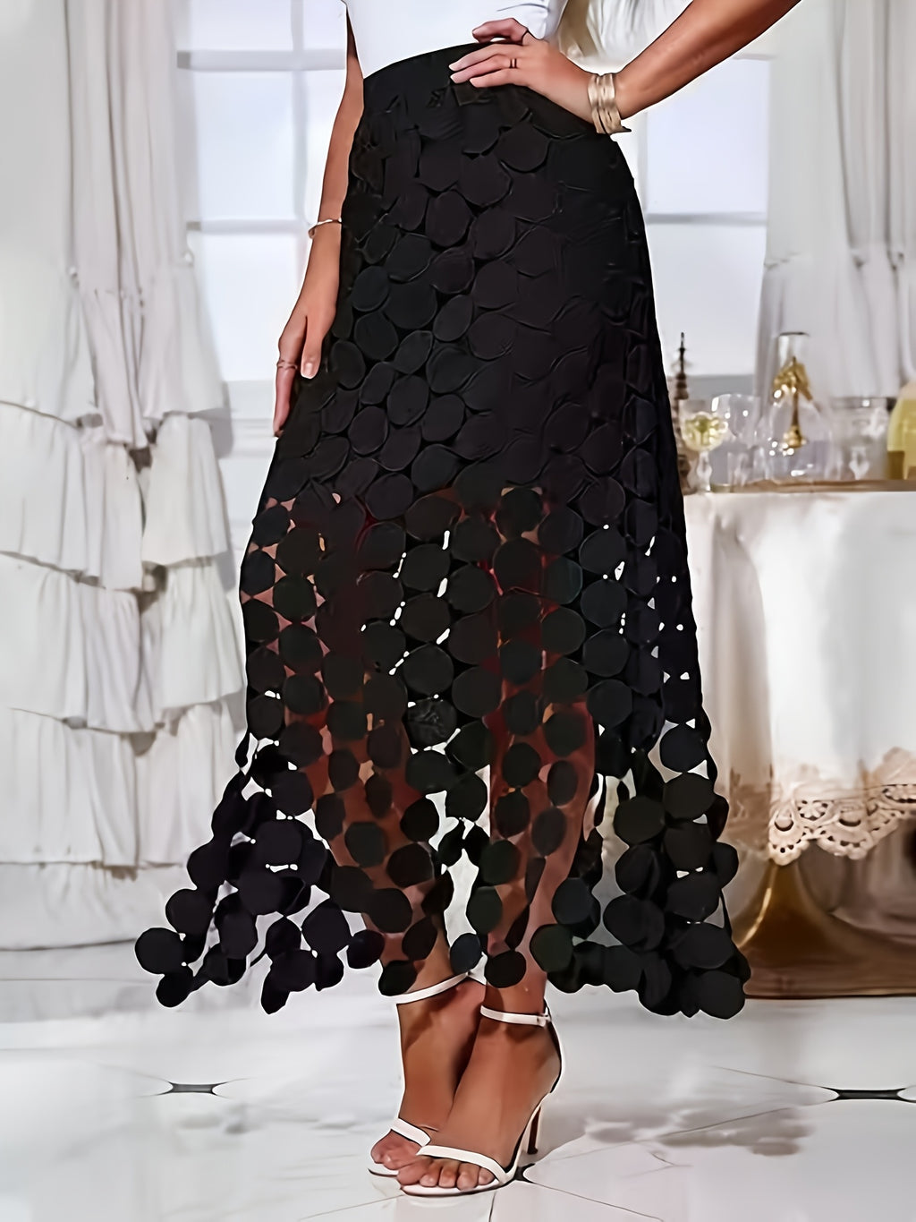 Hollow Embroidered Polka Dot Tassel Straight Half Skirt - Black