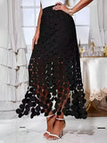 Hollow Embroidered Polka Dot Tassel Straight Half Skirt - Black
