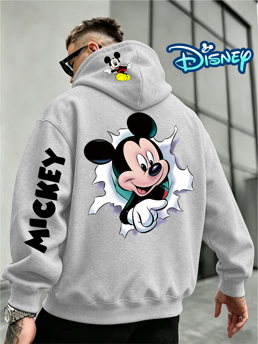 Disney, Fashionable and Trendy Multi-color Hoodie with a Ripped Paper Peek-a-boo Wink Mickey Mouse Pattern Print, Autumn and Winter Men's Loose Long-sleeved Hoodie, First Choice for Couples - Light Grey