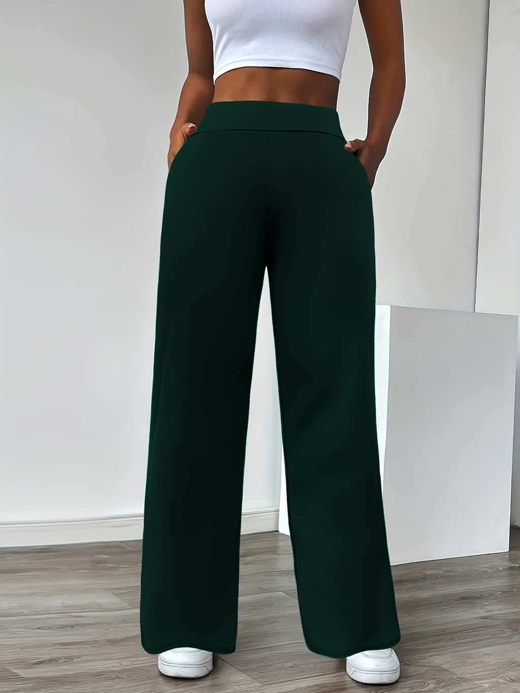 In-Stock Versatile Solid Color Stretch Straight-Leg Trousers - Dark Green