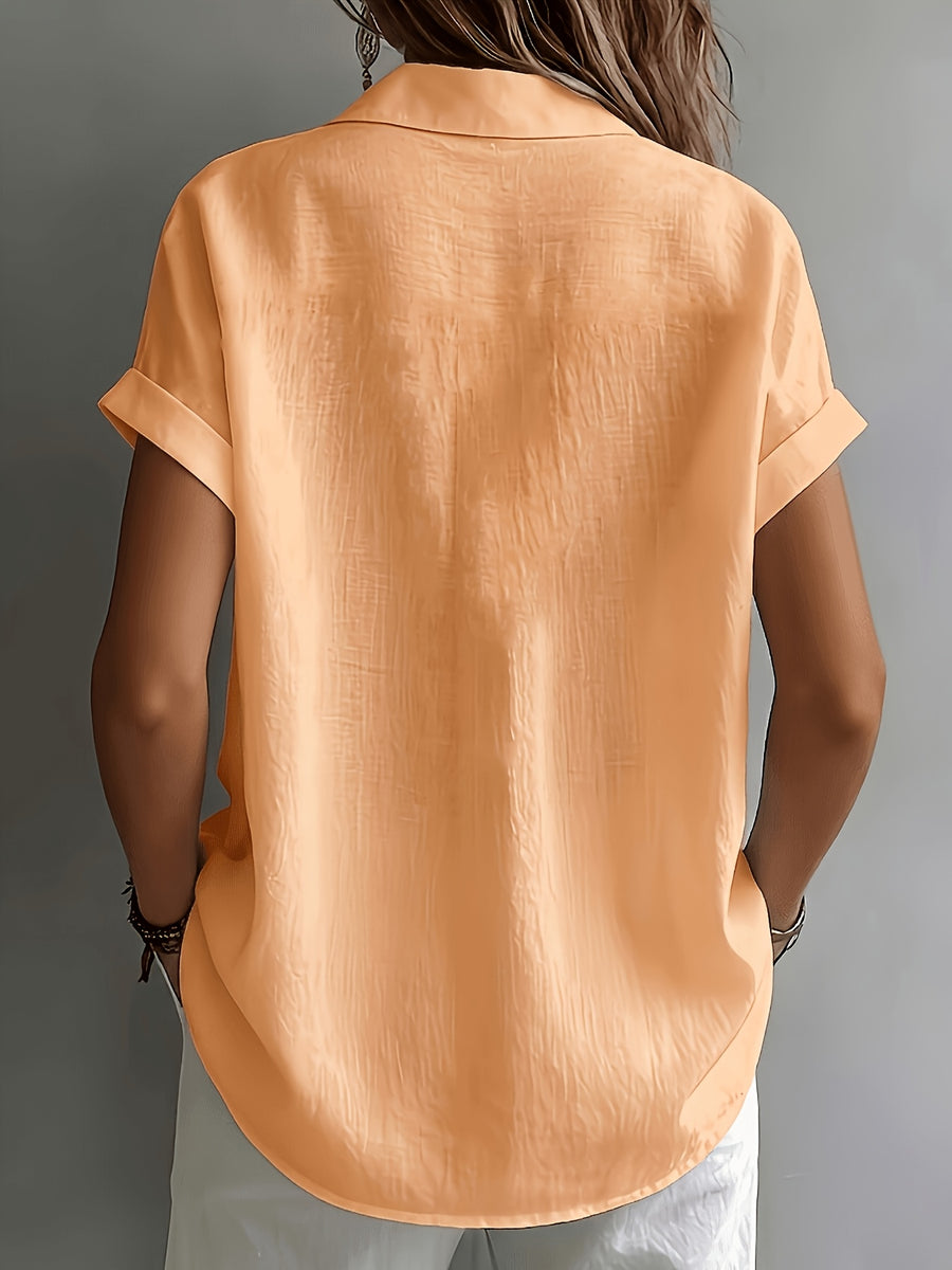Women's Relaxed Holiday Style Micro-Wrinkle Textured Lapel Short-Sleeve Shirt, Loose Open Front Single-Breasted Drop Shoulder Fit, Casual Rolled Hem Short Sleeve V-Neck Open-Wear Design, Natural Breathable Dry Skin-Friendly Textured Fabric - Orange