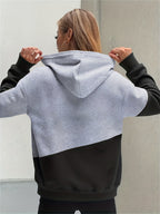 Women's Fashion Color Block Letter Pattern Casual Hooded Sweatshirt - Gray-black