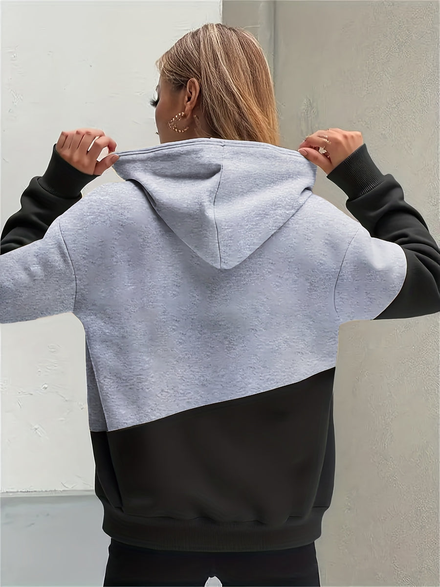 Women's Fashion Color Block Letter Pattern Casual Hooded Sweatshirt - Gray-black