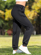 LSYTQRW Unisex Casual Sweatpants, 100% Polyester Knit Fabric, Solid Color, Loose Fit with Drawstring Waist, Long Length, Belted, for Weekend Wear - Fall/Winter Collection - Black