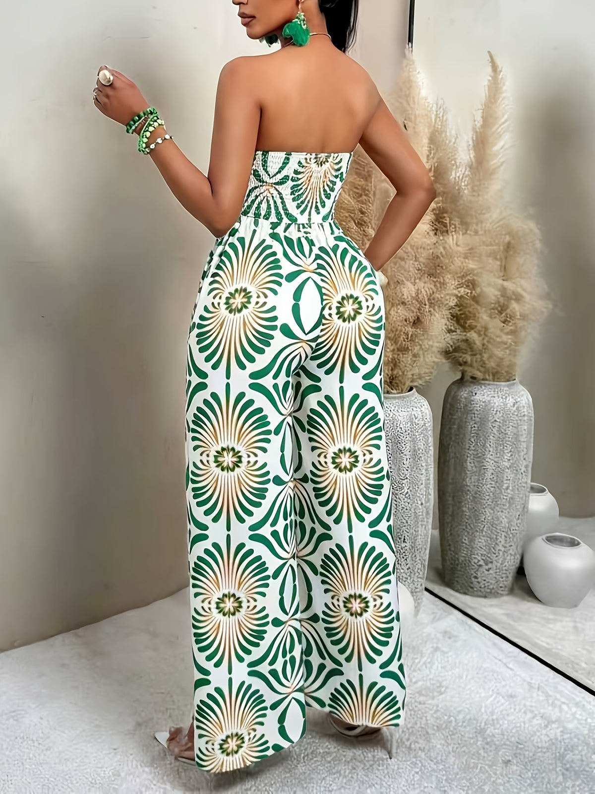 Women's Fashionable and Elegant Pattern-Printed Pleated Tube-Silhouette Wide-Leg Jumpsuit, Casual Beach Vacation Outfit, Holiday Summer Beachwear, Back-to- Outfit, Very Minimalist Outfit, Office Attire, Vintage Luxury Style, Teacher's Outfit - Mixed colors